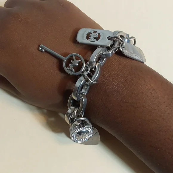 Michael Kors Silver Tone Pave White Crystal Charm Bracelet 8 Long